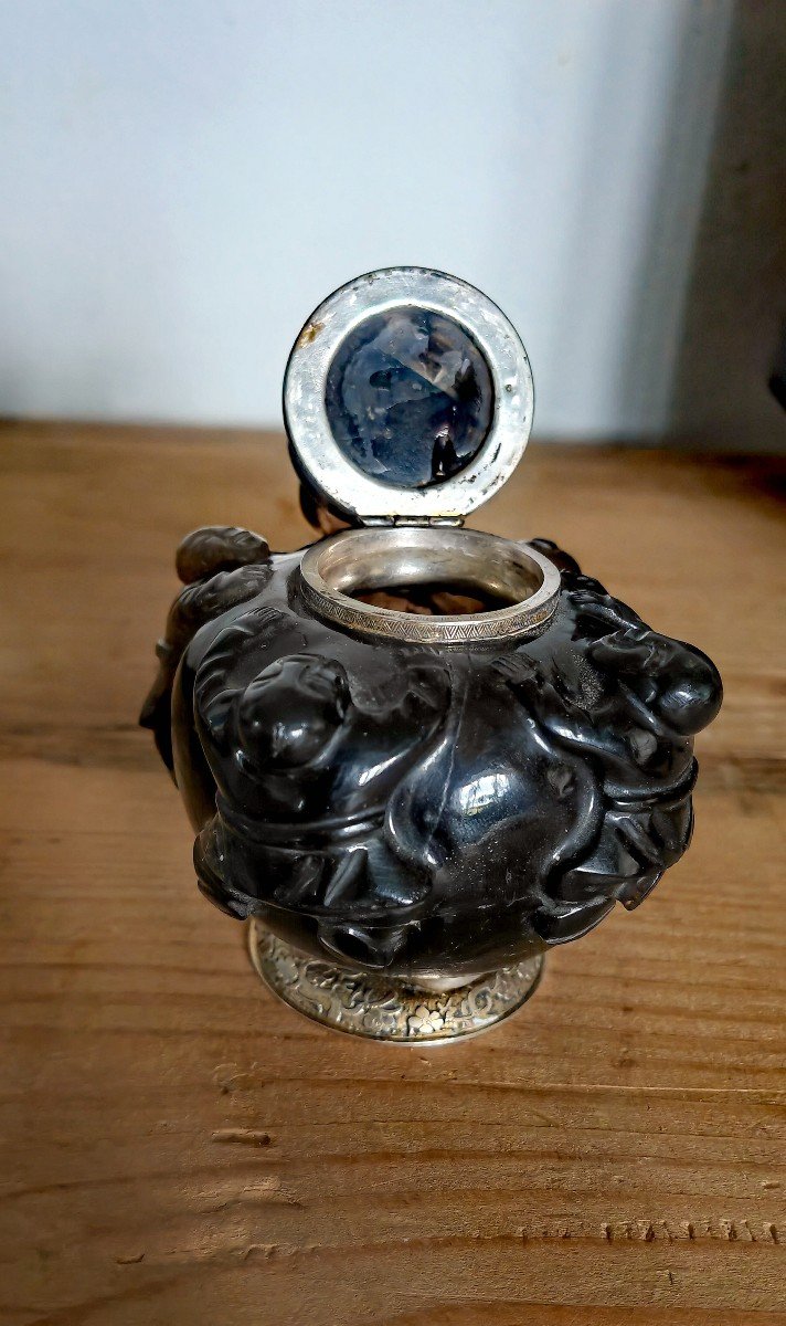 Pot à Encre Ou Tabatière, Pierre Dure Sculptée Chine XIXe, , Monture Argent, Maquet XXe-photo-3