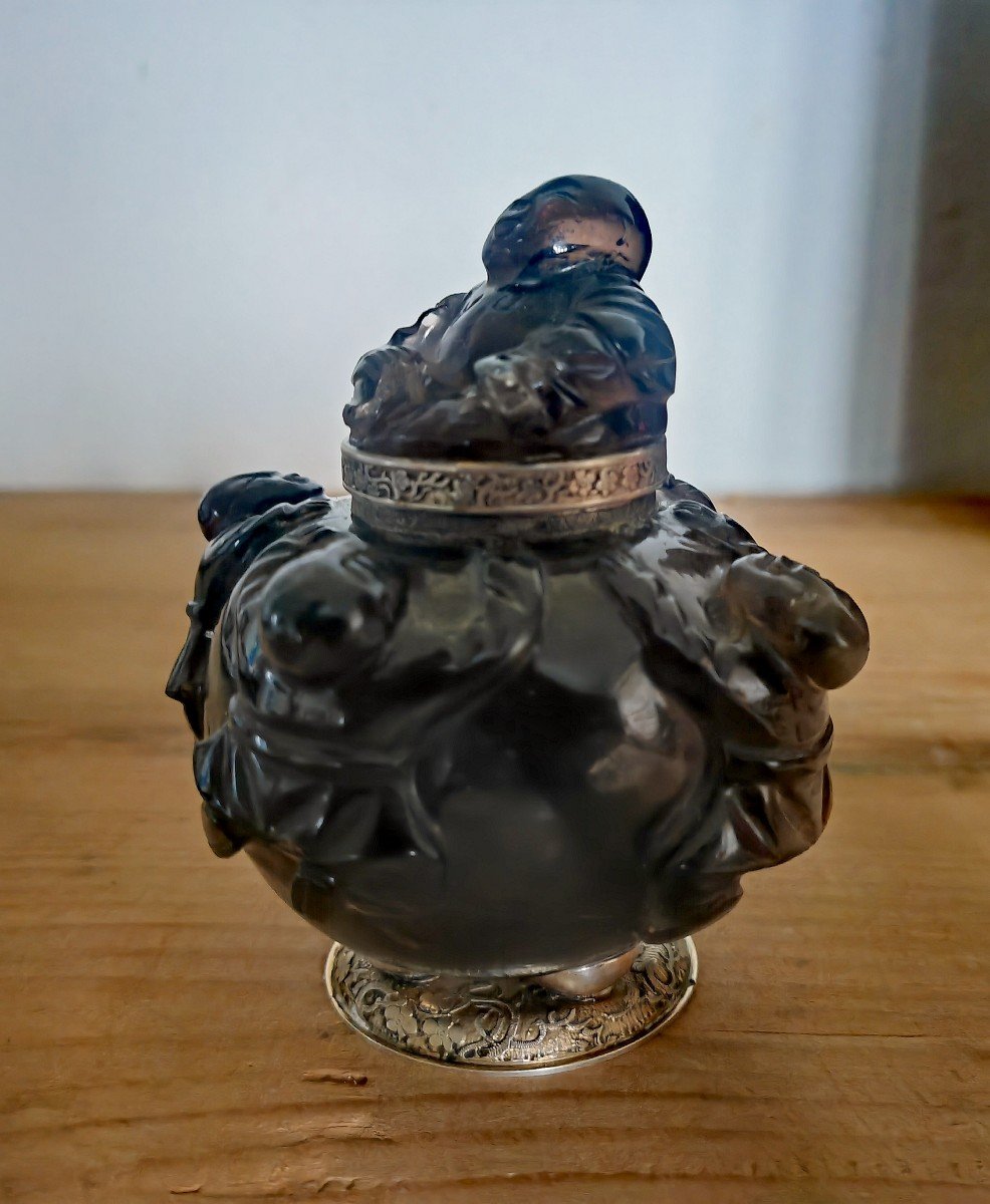 Pot à Encre Ou Tabatière, Pierre Dure Sculptée Chine XIXe, , Monture Argent, Maquet XXe-photo-4