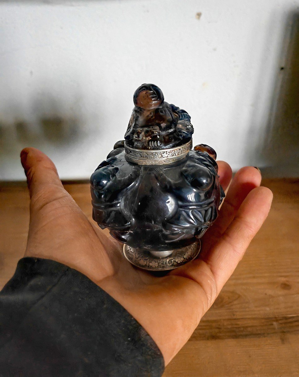 Pot à Encre Ou Tabatière, Pierre Dure Sculptée Chine XIXe, , Monture Argent, Maquet XXe-photo-8