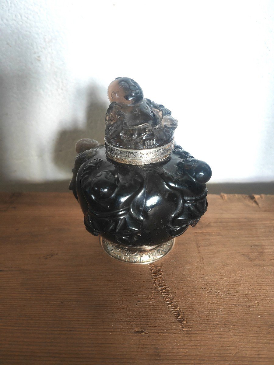 Pot à Encre Ou Tabatière, Pierre Dure Sculptée Chine XIXe, , Monture Argent, Maquet XXe