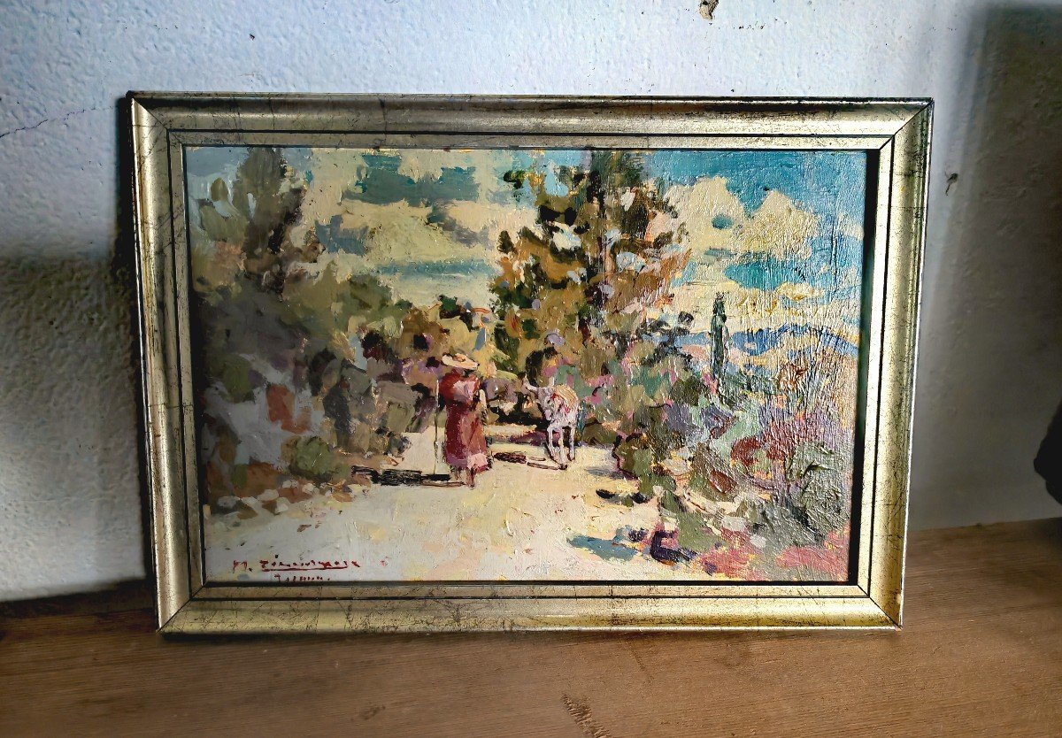 Jolie Peinture Sur Panneau, Chemin De Provence, M. Zimmermann, Ondulisme XXe Siècle 