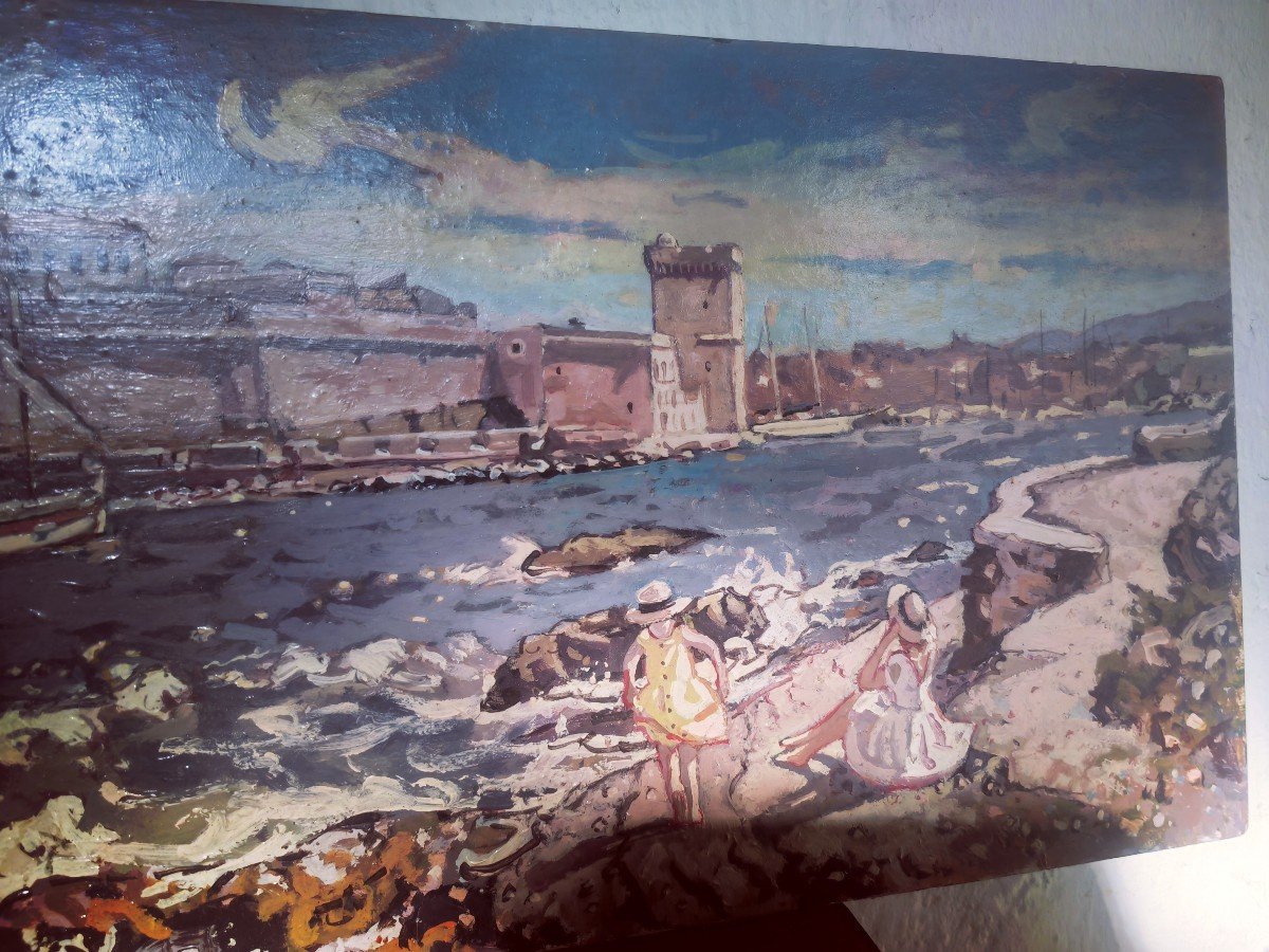 Beautiful Painting On Panel, The Port Of Marseille, Michel Zimmermann, 20th Century Ondulism -photo-2