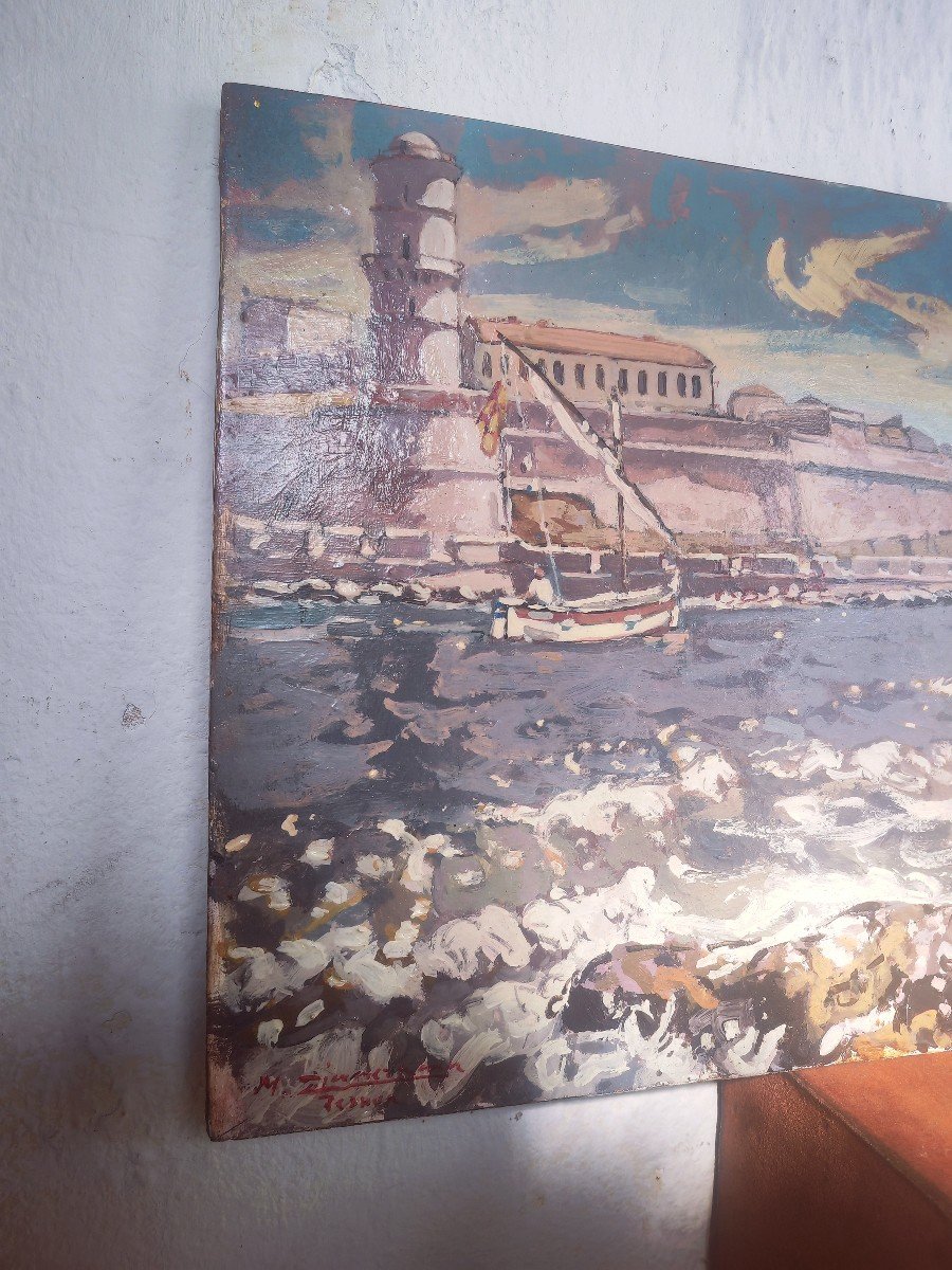 Beautiful Painting On Panel, The Port Of Marseille, Michel Zimmermann, 20th Century Ondulism -photo-3