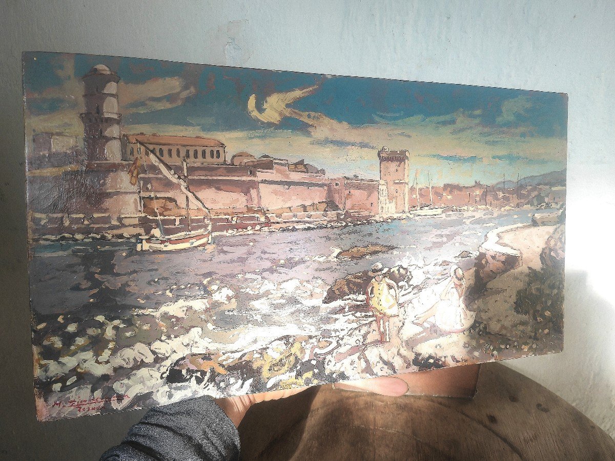 Beautiful Painting On Panel, The Port Of Marseille, Michel Zimmermann, 20th Century Ondulism -photo-2