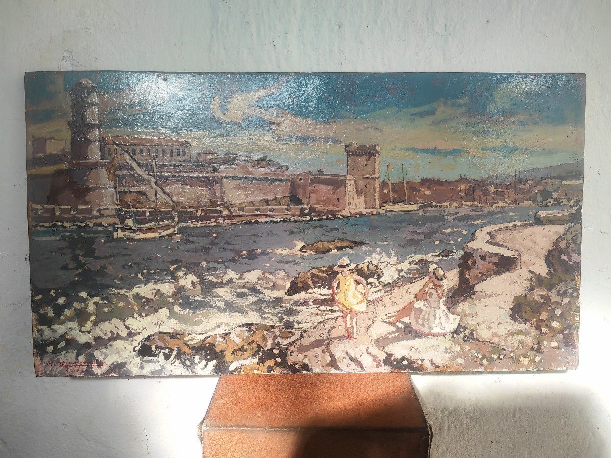 Beautiful Painting On Panel, The Port Of Marseille, Michel Zimmermann, 20th Century Ondulism 