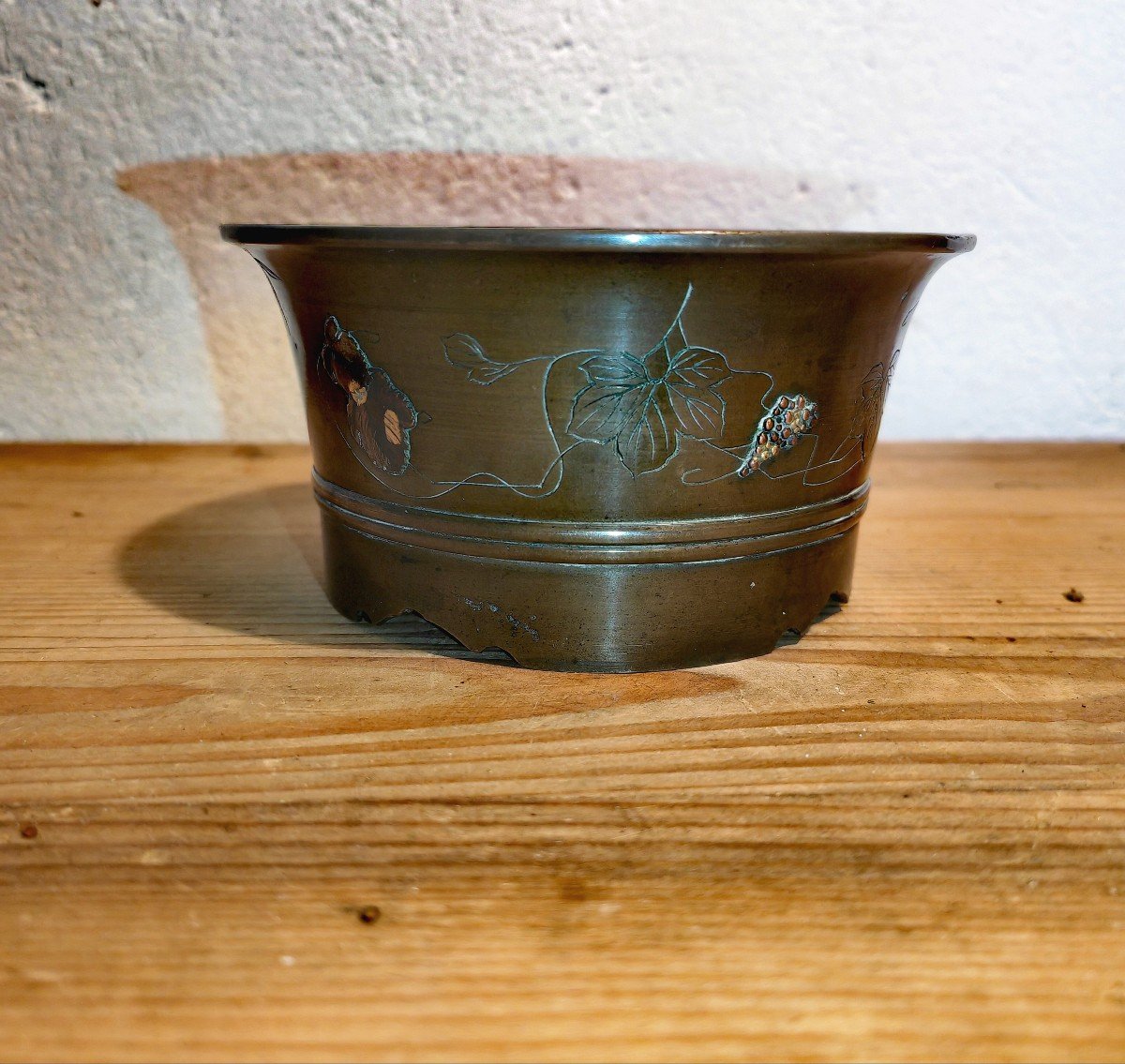 Joli Pot en Bronze Patiné, Applications de Shibuichi, Animaux et Végétaux, Japon Meiji XIXe -photo-3