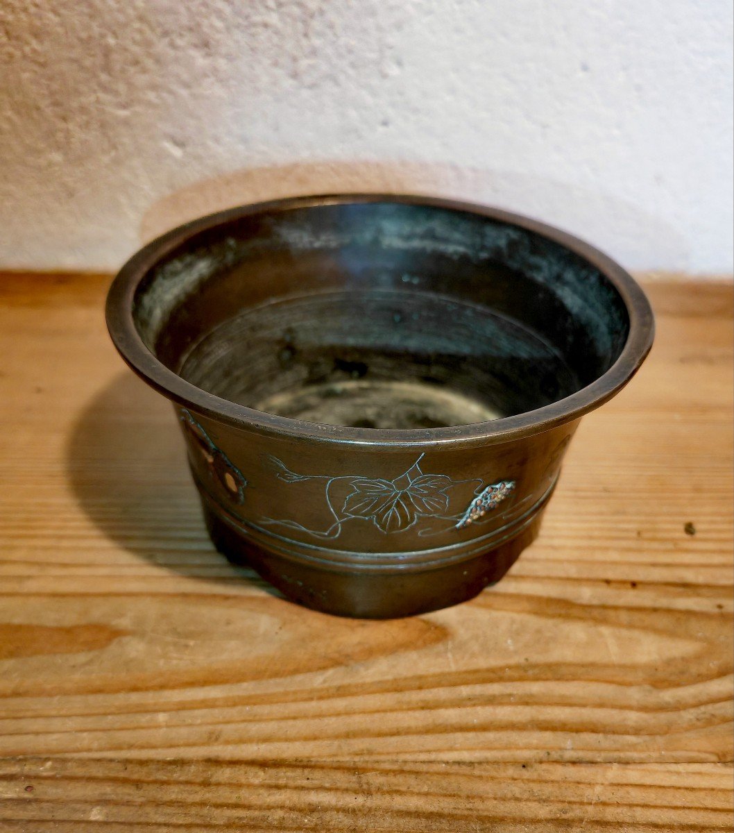 Joli Pot en Bronze Patiné, Applications de Shibuichi, Animaux et Végétaux, Japon Meiji XIXe -photo-4