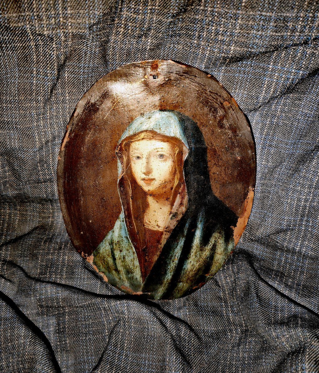 Belle Peinture à l'Huile Sur Cuivre, Format Ovale, époque XVII-xviiie Siècle, Marie Madeleine -photo-2