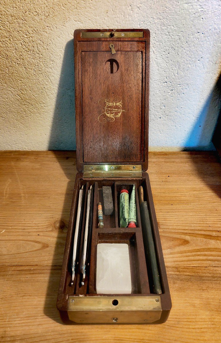 Beau Coffret De Toilette, Officier époque Empire, Acajou Et Laiton, Instruments XIXe 