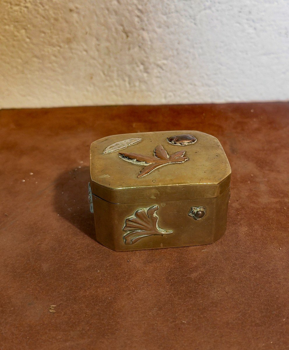 Pretty Little Pill Box Or Snuff Box, Brass And Multi Materials Patterns, Japan Meiji 1900