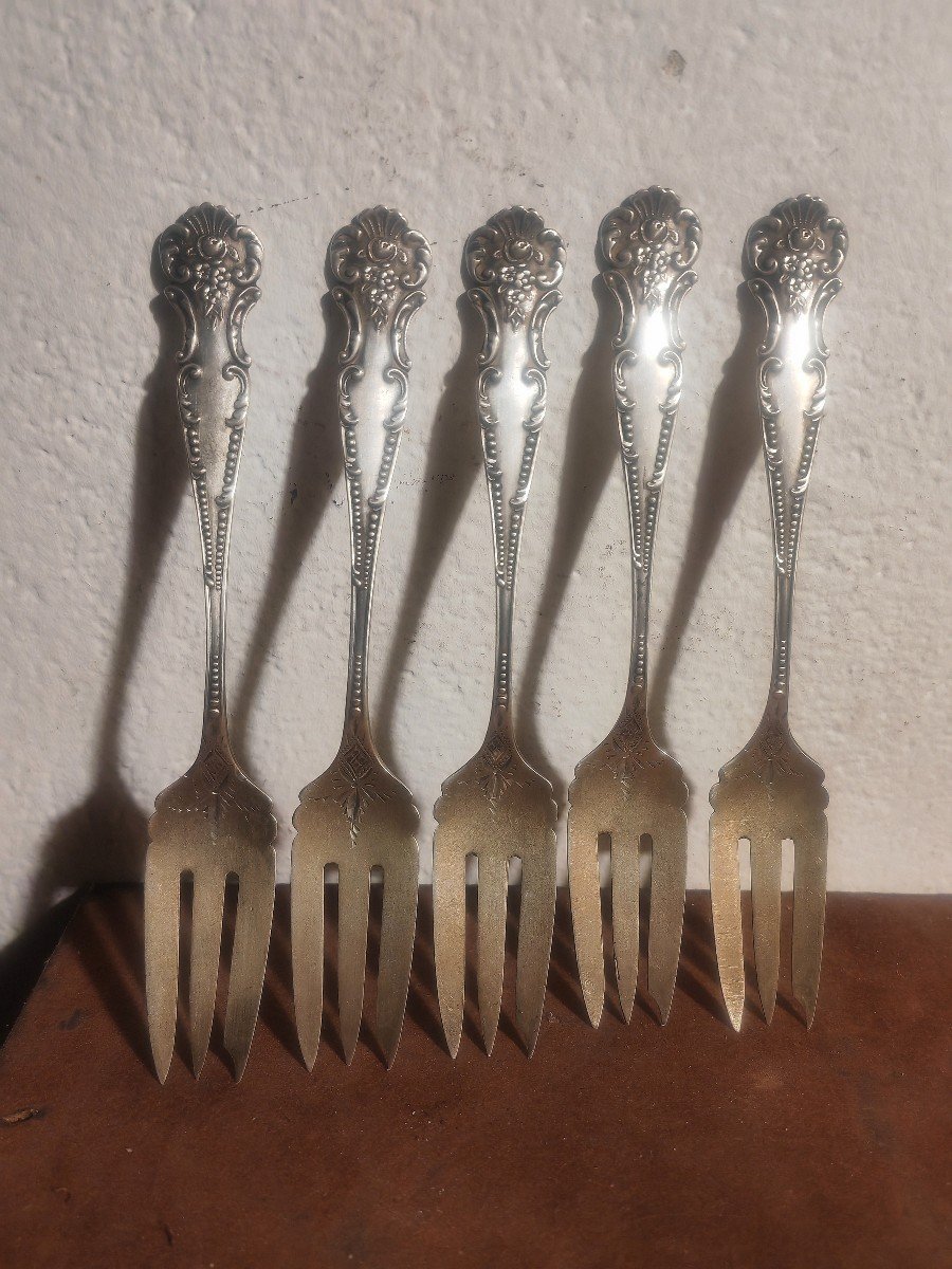 5 Dessert Forks, Sterling 925/1000, And Vermeil, Usa, Art Nouveau -photo-2