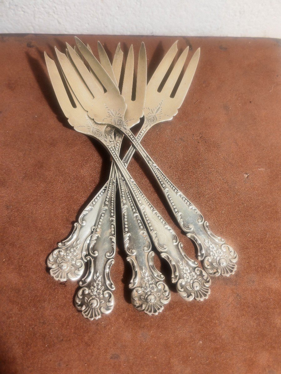 5 Dessert Forks, Sterling 925/1000, And Vermeil, Usa, Art Nouveau -photo-3