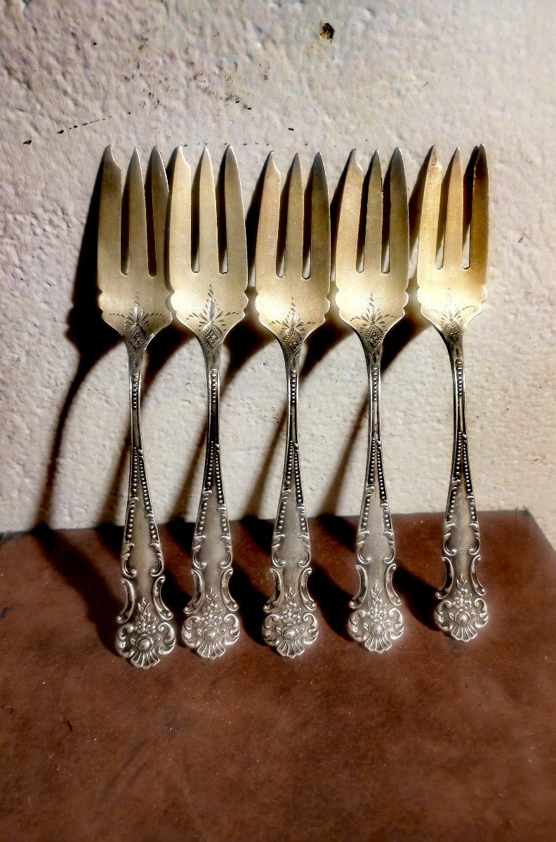 5 Dessert Forks, Sterling 925/1000, And Vermeil, Usa, Art Nouveau 