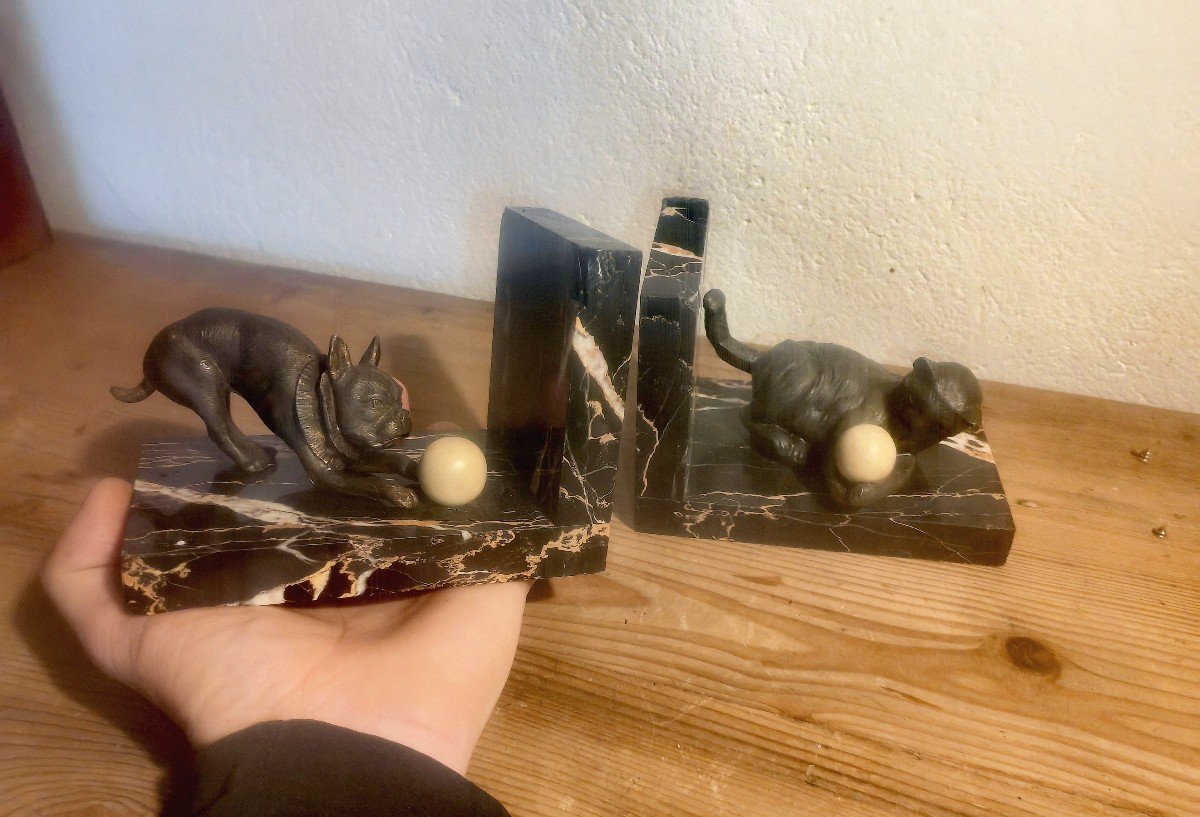 Pretty Pair Of Bookends, Spelter And Lacquered Wood, Art Deco, Dog And Cat, Marble-photo-5