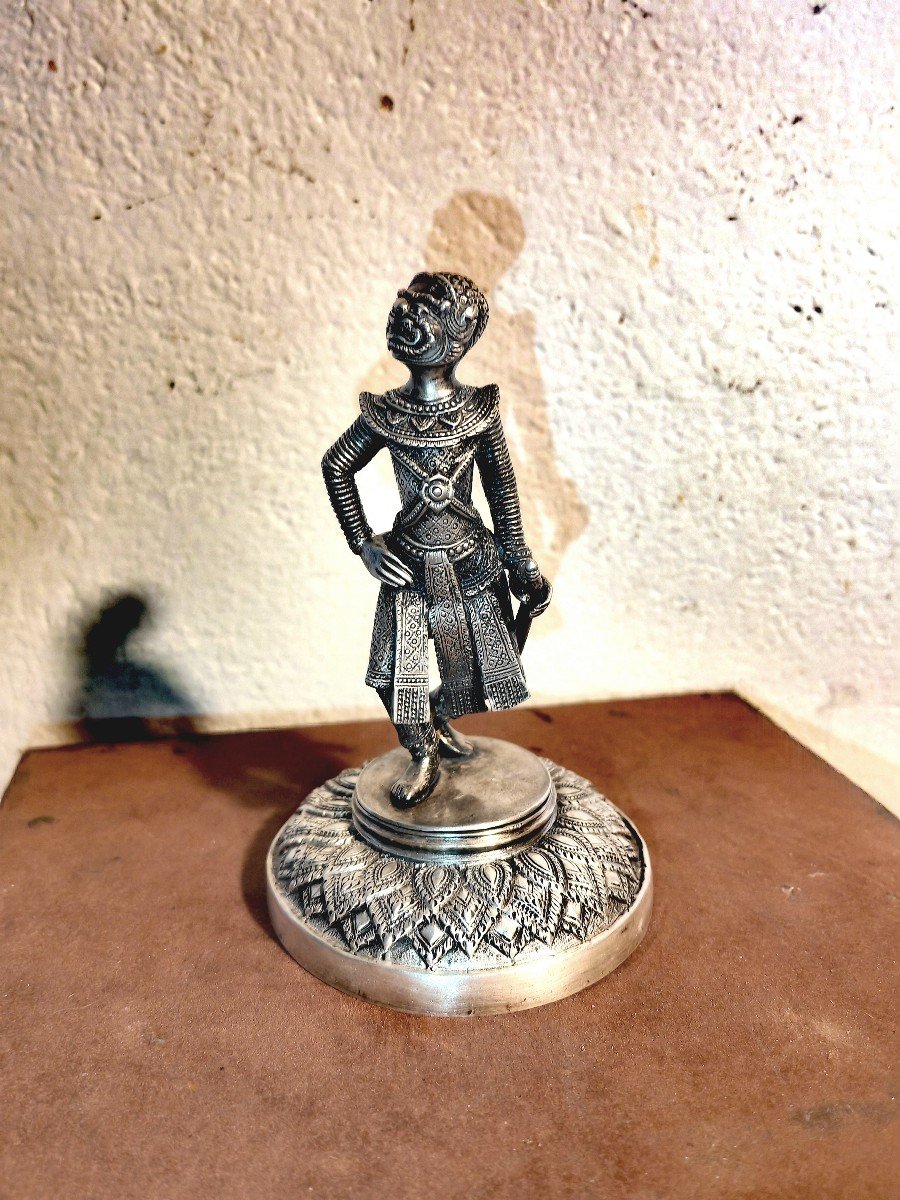 Rare Statuette Argent Et Bronze Argenté, Danseur Lakhon Khol, Masque De Hanuman, Cambodge XIXe -photo-2