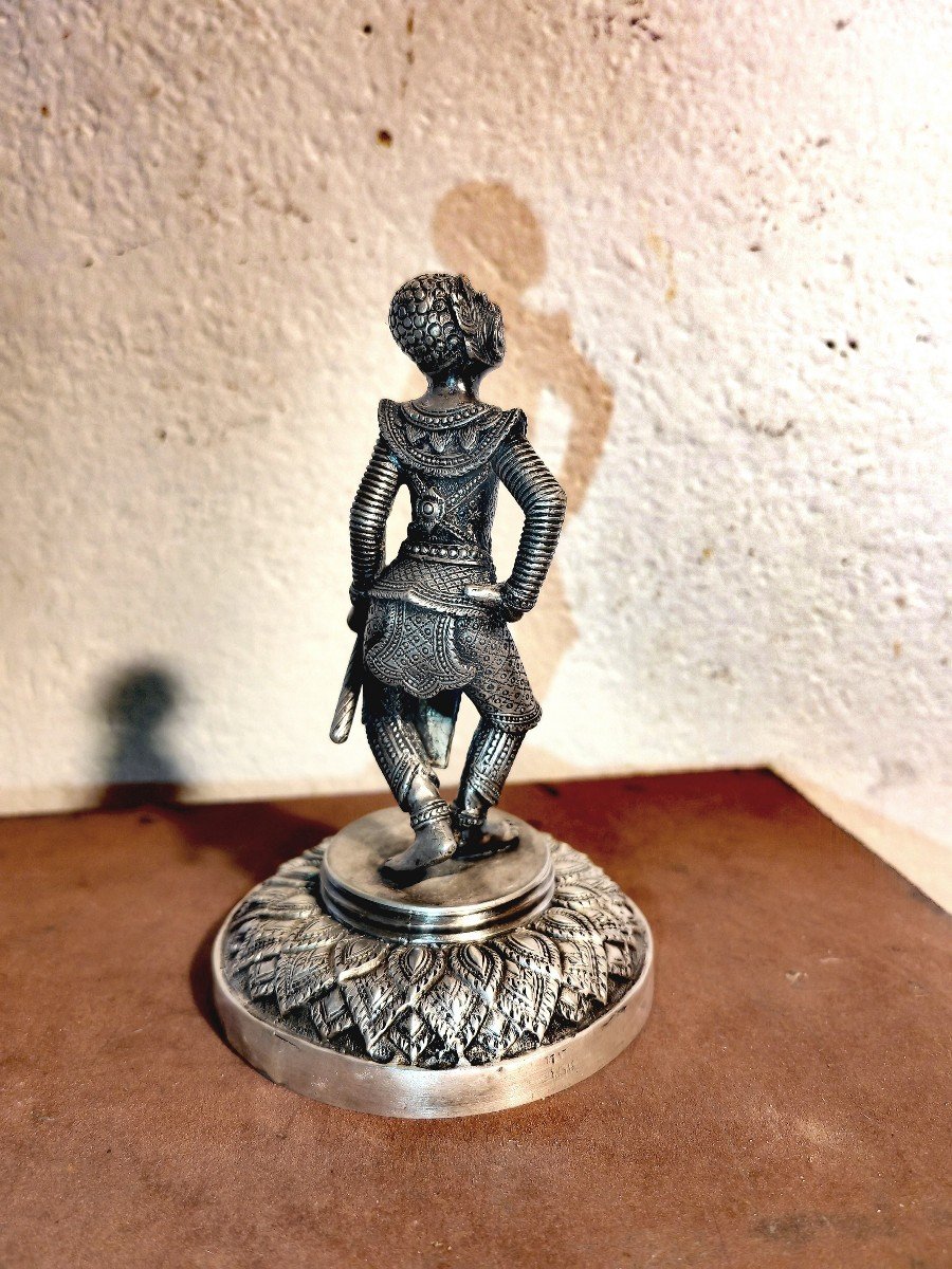 Rare Statuette Argent Et Bronze Argenté, Danseur Lakhon Khol, Masque De Hanuman, Cambodge XIXe -photo-4