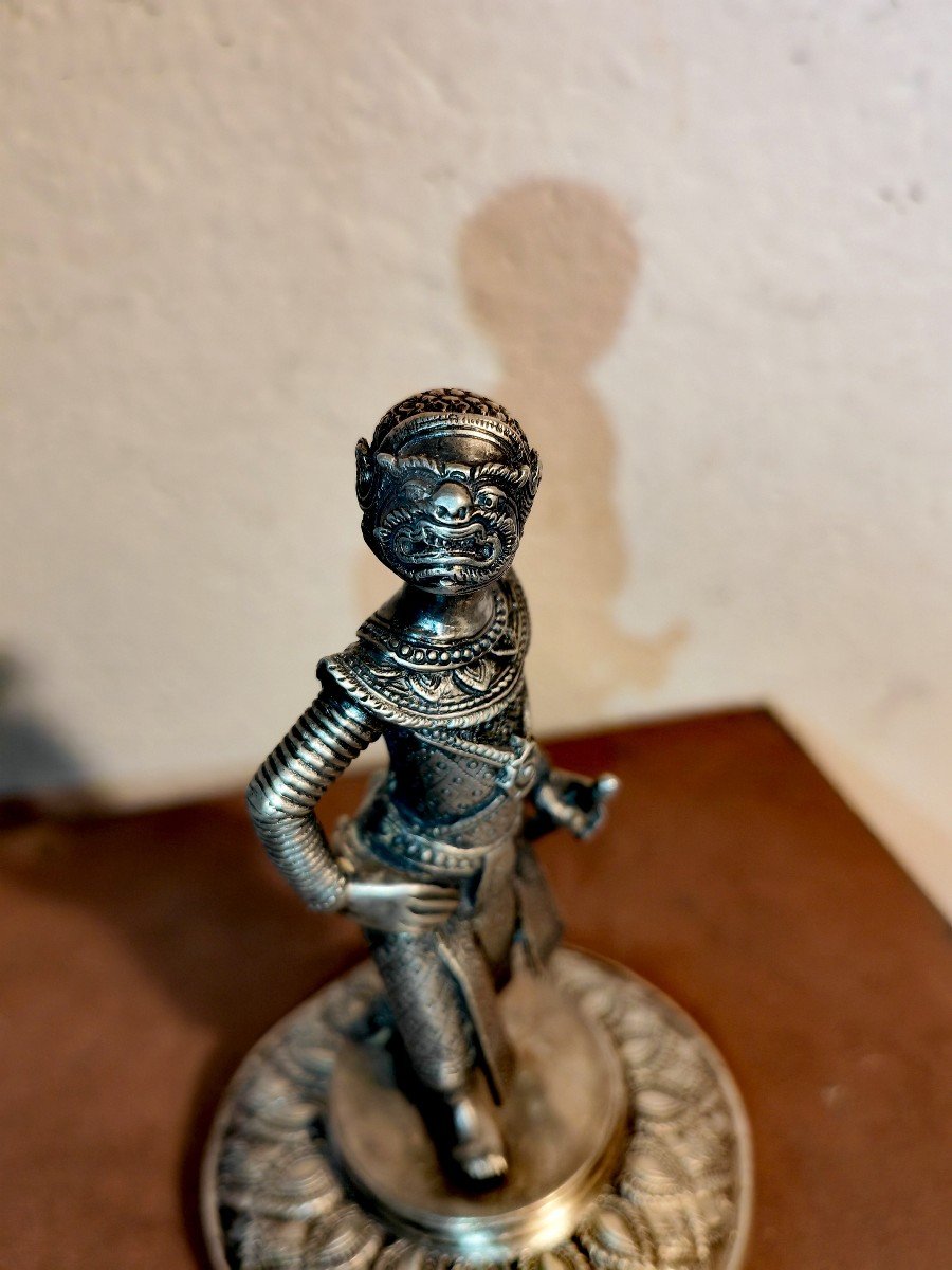 Rare Statuette Argent Et Bronze Argenté, Danseur Lakhon Khol, Masque De Hanuman, Cambodge XIXe -photo-1