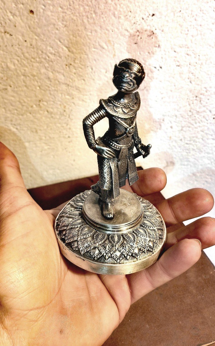 Rare Statuette Argent Et Bronze Argenté, Danseur Lakhon Khol, Masque De Hanuman, Cambodge XIXe -photo-6