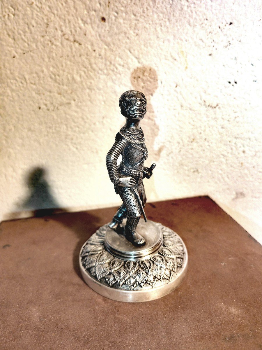 Rare Statuette Argent Et Bronze Argenté, Danseur Lakhon Khol, Masque De Hanuman, Cambodge XIXe 