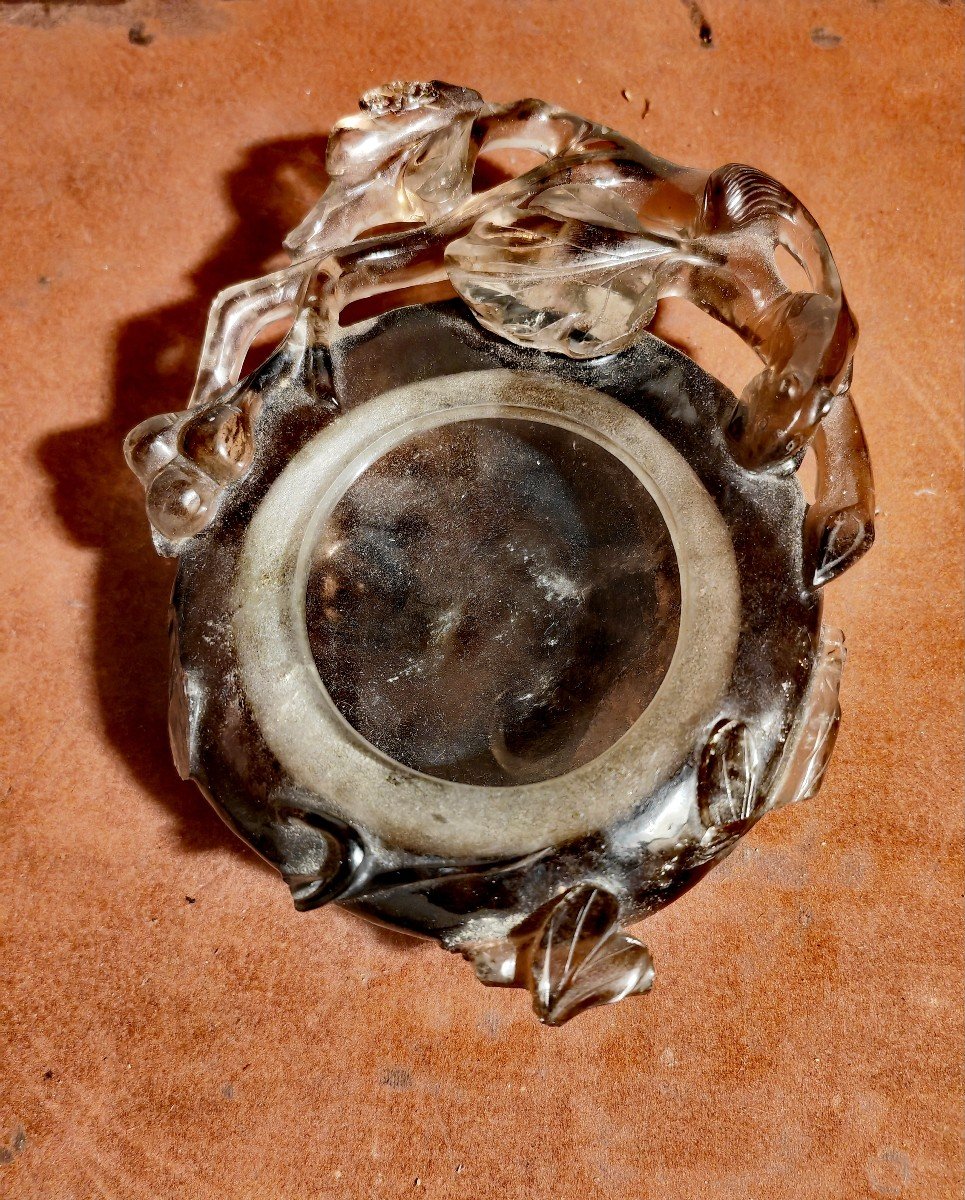 Beautiful Smoked Rock Crystal Brush Rinser, Dormouse & Vines, China Late 19thc, Poor Condition -photo-2