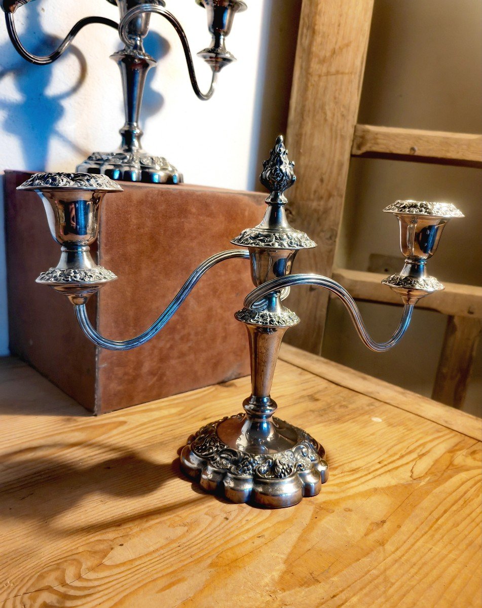 Pair Of English Candelabra 3 Arms, Aerial Movement, Snuffers, Silver Metal, Art Nouveau-photo-3