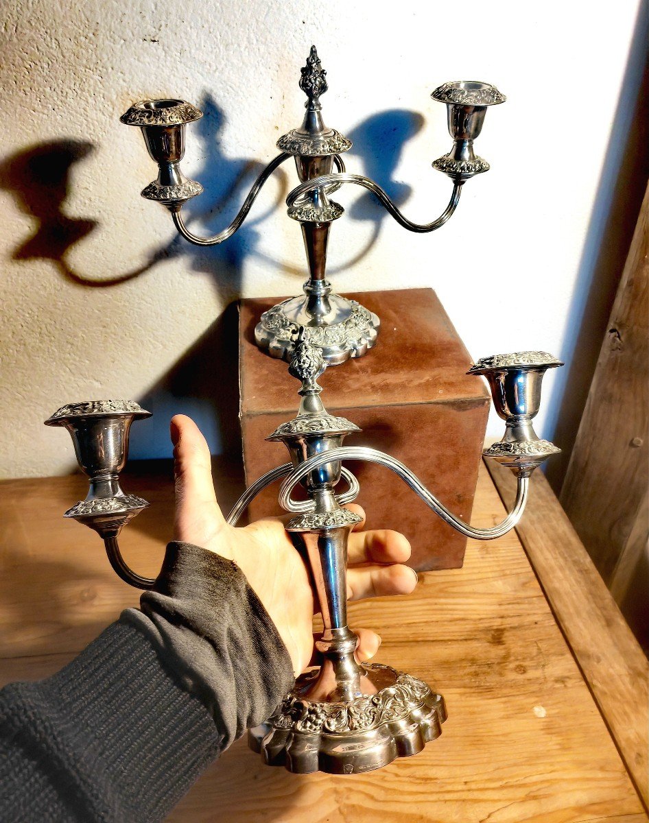 Pair Of English Candelabra 3 Arms, Aerial Movement, Snuffers, Silver Metal, Art Nouveau-photo-5