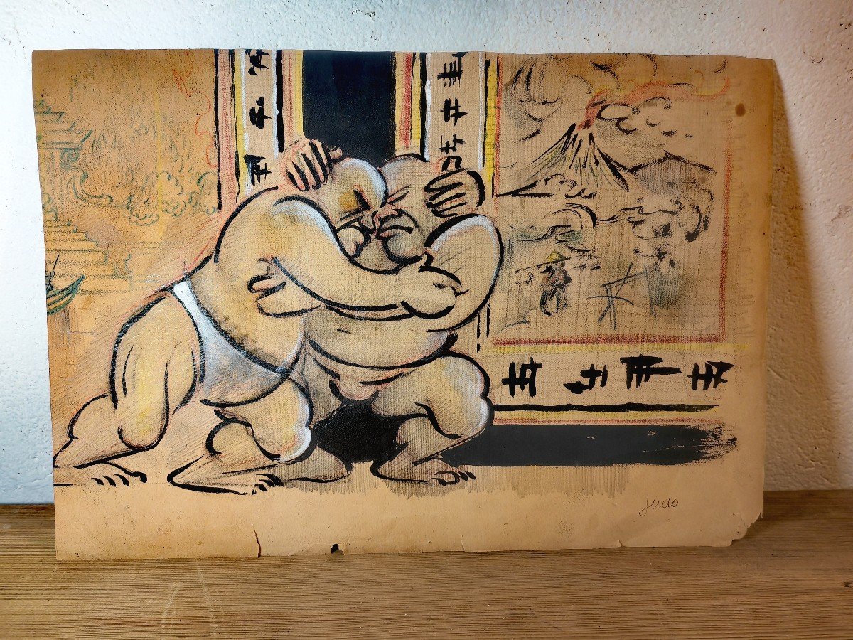 Funny Drawings, Mixed Techniques, Double Sided, Sumo Or Judo, Angelo Griscelli Circa 1920-photo-2