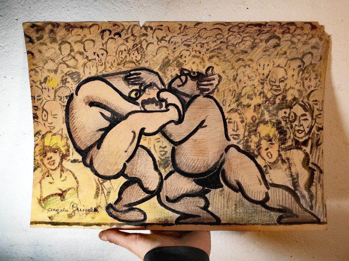 Funny Drawings, Mixed Techniques, Double Sided, Sumo Or Judo, Angelo Griscelli Circa 1920-photo-3