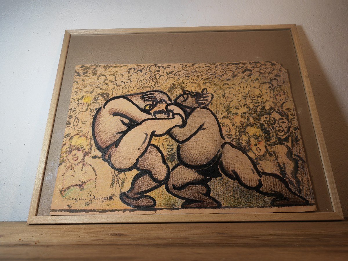 Funny Drawings, Mixed Techniques, Double Sided, Sumo Or Judo, Angelo Griscelli Circa 1920-photo-4