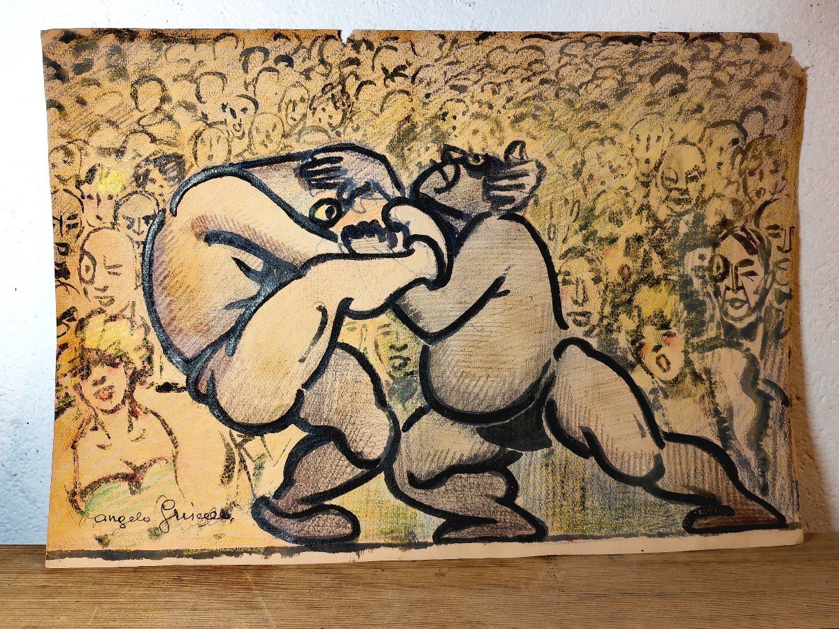 Funny Drawings, Mixed Techniques, Double Sided, Sumo Or Judo, Angelo Griscelli Circa 1920