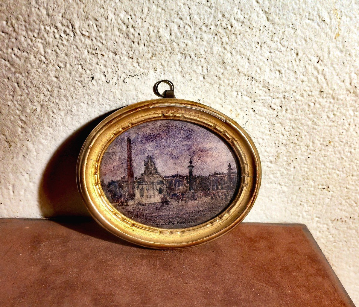 Jolie Petite Peinture Miniature Sur Papier, Cadre d'époque, Paris 1925 Michel-auguste Colle