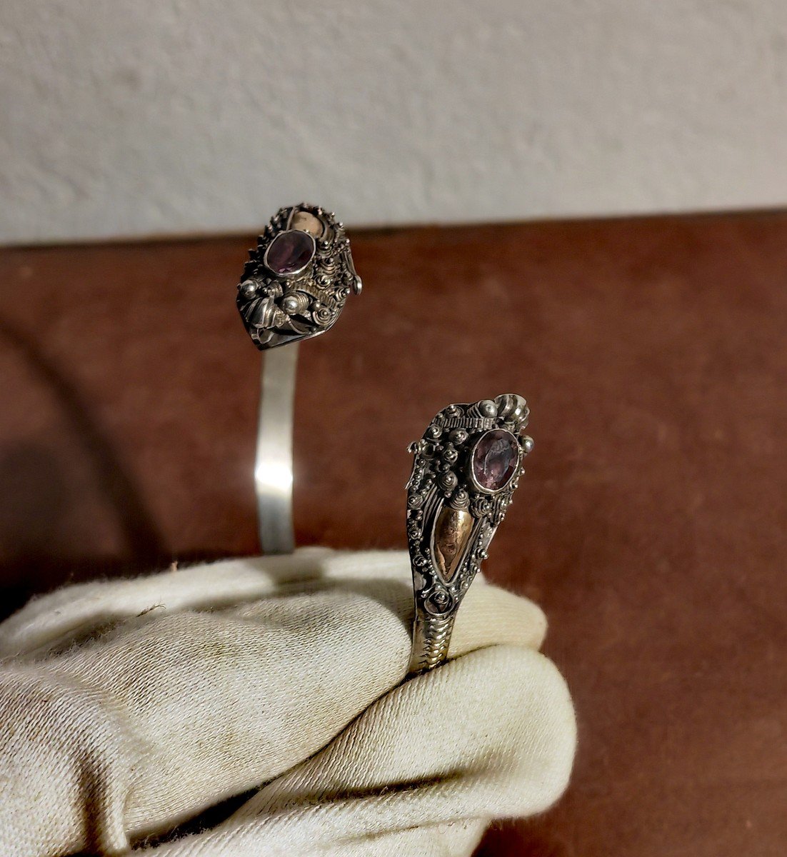 Beautiful Duel Of Dragons Bracelet, Silver, Gold And Amethyst, Asia Circa 1900-photo-3