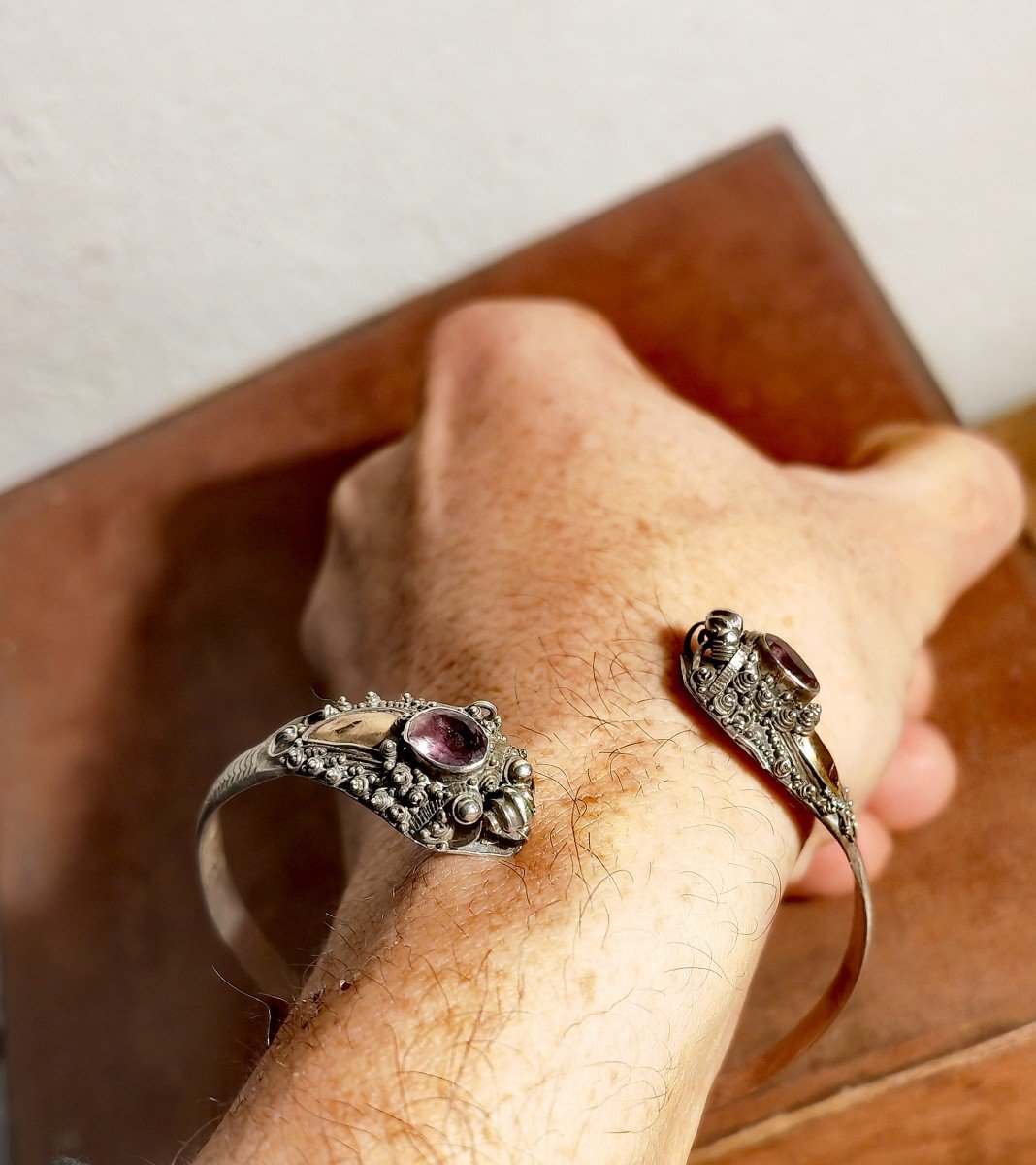 Beautiful Duel Of Dragons Bracelet, Silver, Gold And Amethyst, Asia Circa 1900-photo-3