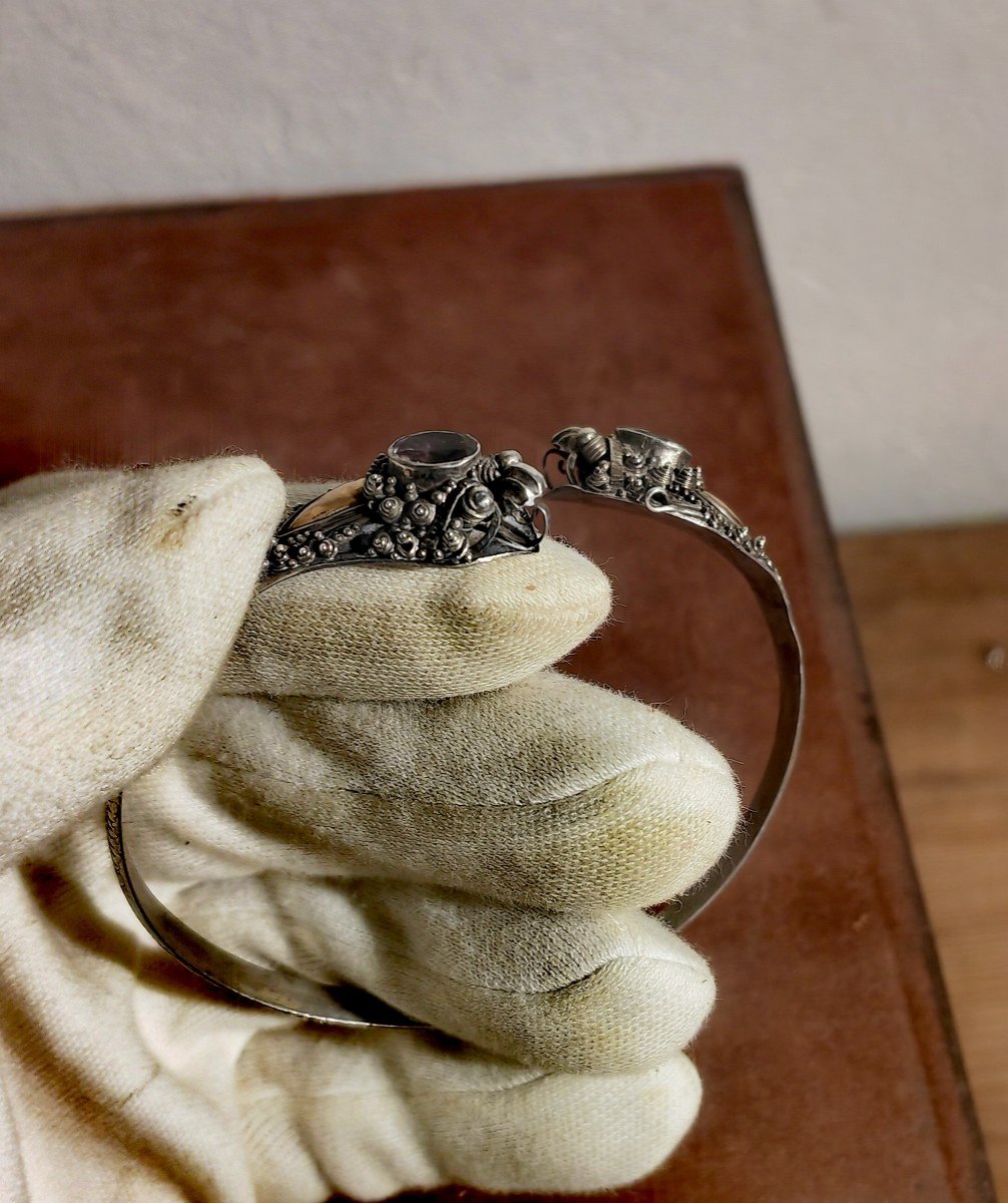 Beautiful Duel Of Dragons Bracelet, Silver, Gold And Amethyst, Asia Circa 1900