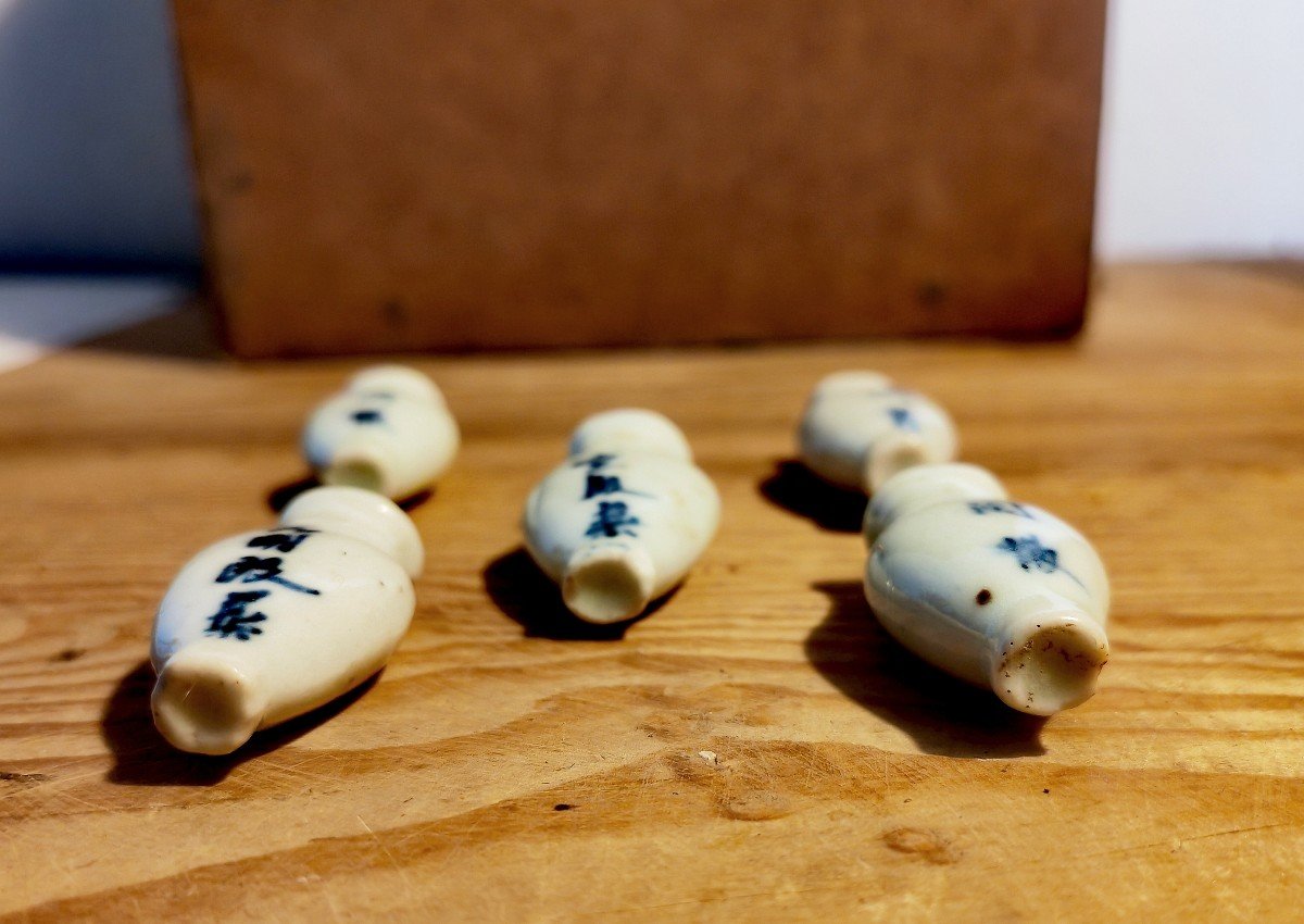 Pots à Onguent, ou Tabatières, Porcelaine de Chine Blanc Bleu, Rare Lot, XIXe Siècle ou Avant -photo-3