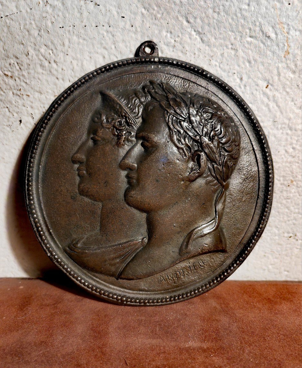 Beautiful Bronze Medal, Profiles Of Napoleon & Marie Louise, Signature Andrieu Circa 1810