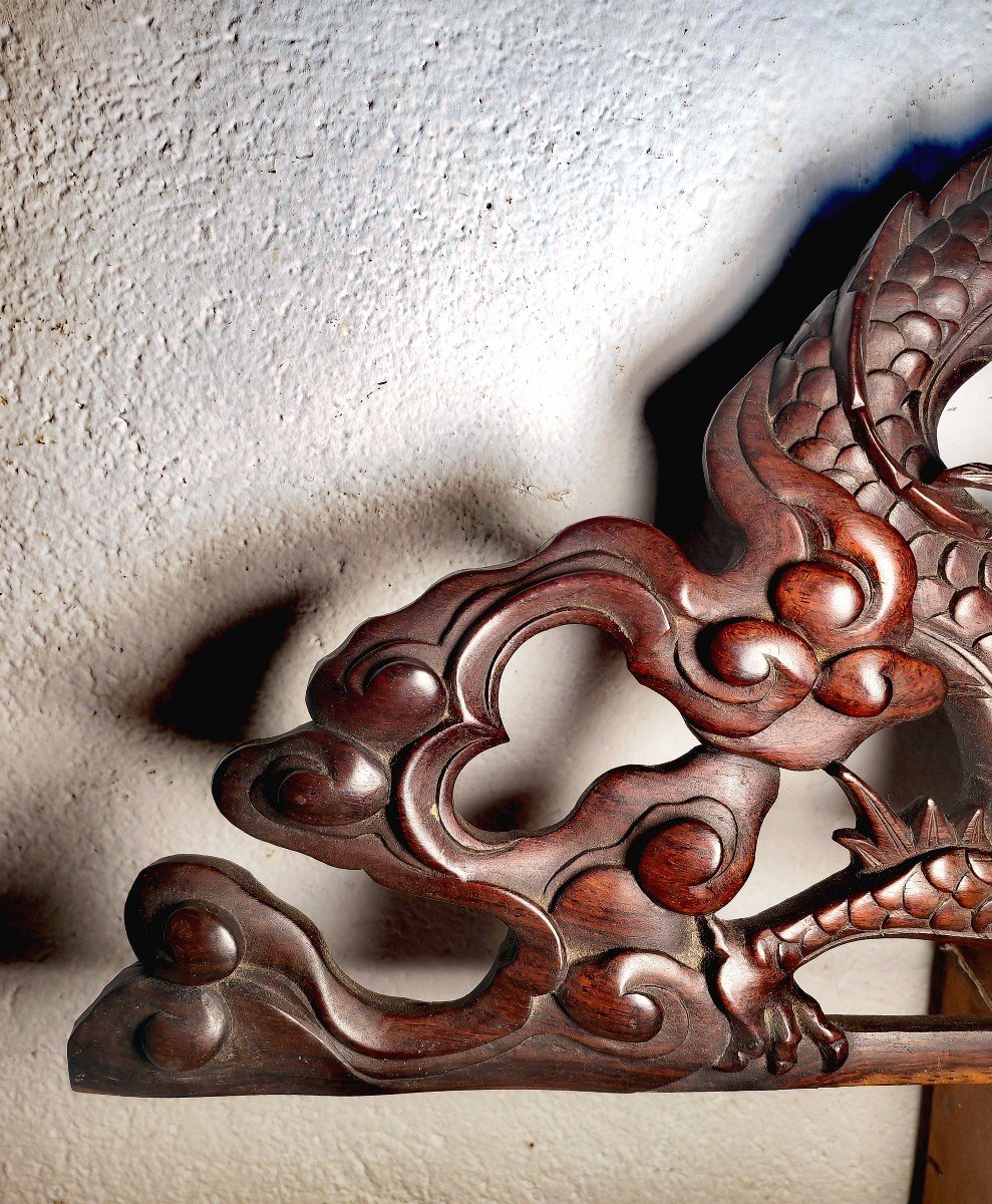 Hongmu Wood Or Ironwood, Dragon And Sacred Pearl, Good Sculpture, Vietnam Early 20th C-photo-2