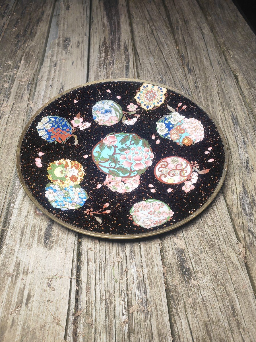 Great Cloisonné Enamel Dish, Rare Model, Black & Gold Glitter, Floral Decor, Japan Meiji 19th C-photo-2