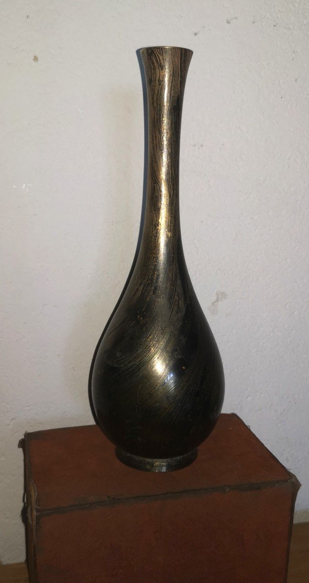 Bronze Or Alloy Nice Vase, Damascus Technical Patina,  Japanese Late Meiji