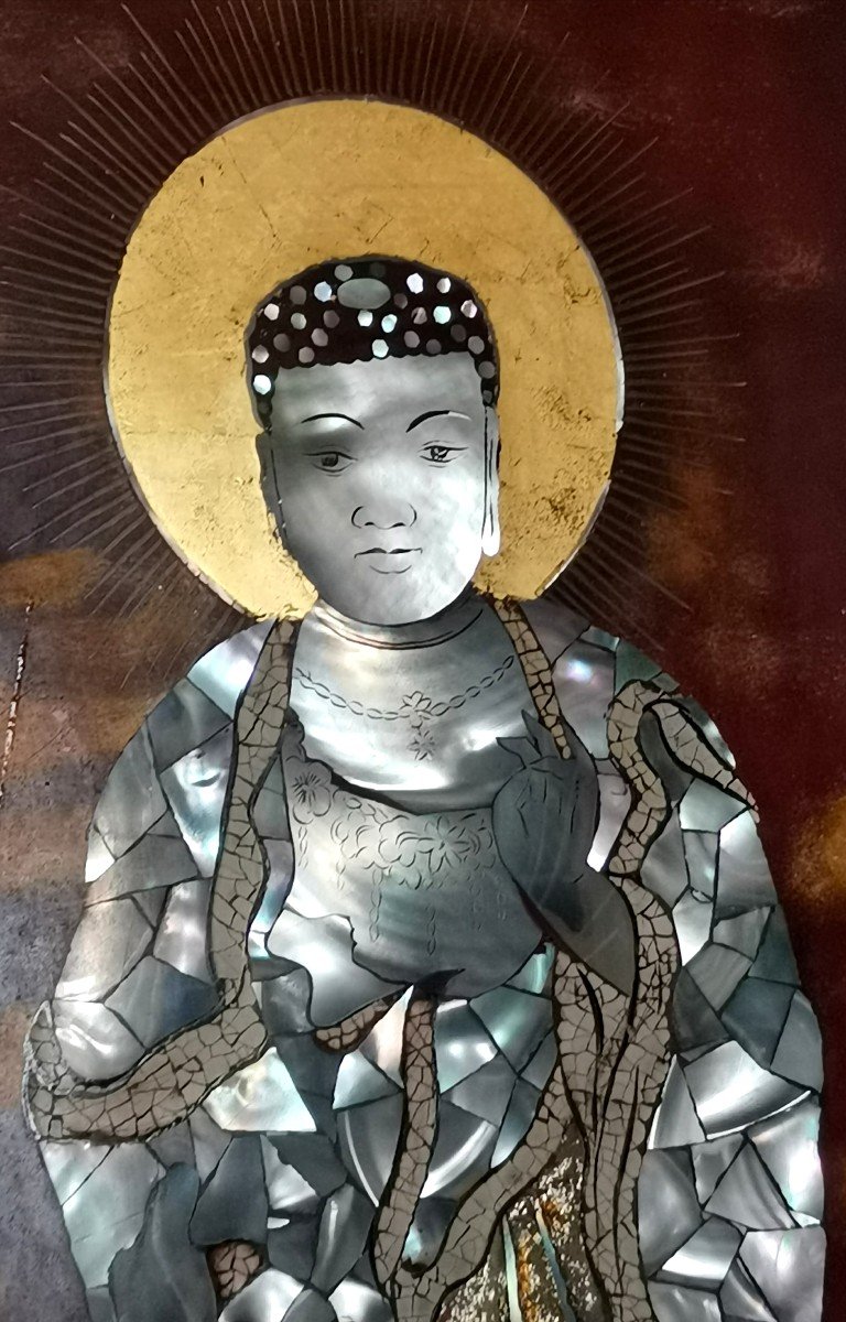 Panneau En Laque Du Vietnam, Personnage Religieux, Incrustation Nacre, Laque, Coquille d'œuf XXe-photo-3