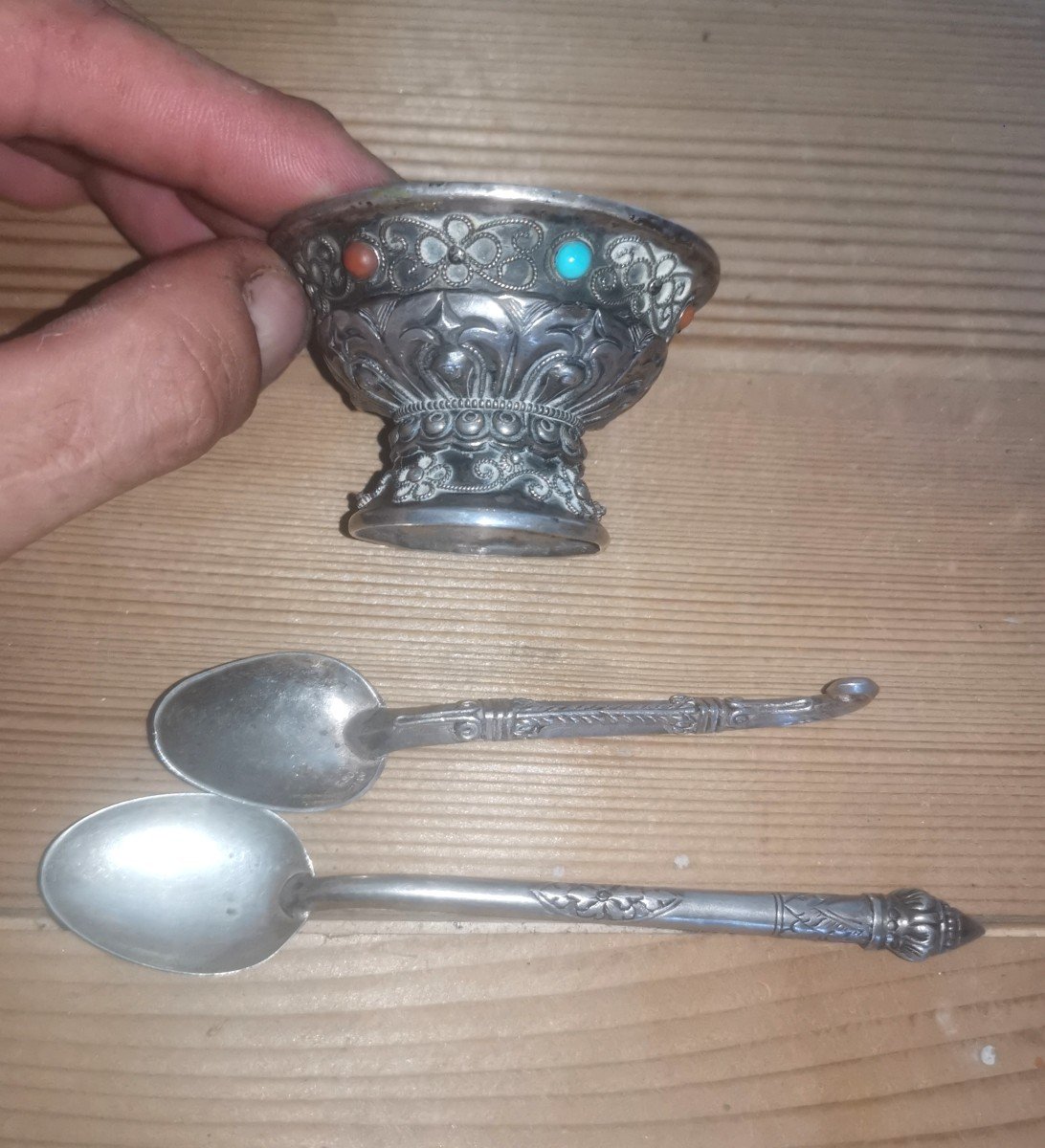 Asian Silver Lot, Tibetan Cup, Turquoise, Coral, + 2 Cambodian Spoons-photo-4