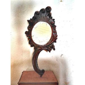 Face à Main, Miroir Biseauté, Bois Sculpté, Art Nouveau Circa 1890