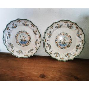 Pair Of French, Moustiers Polychrome Faïence Plates, Mythological Pattern, 19th Century