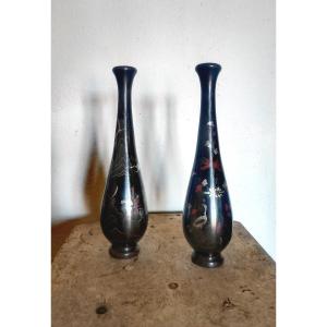 Two Beautiful Vases, Dark Patina Bronze, Silver & Copper Inlays, 19th Century Vietnam