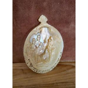 Mother-of-pearl Shell, Jerusalem, Carved & Openworked, Religious Scene, Nativity, 19th Century 
