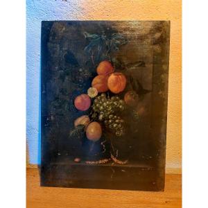 Great Painting On Copper, Still Life, Bow, Blue Ribbon Signature Vallon 19th Or Earlier 