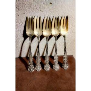 5 Dessert Forks, Sterling 925/1000, And Vermeil, Usa, Art Nouveau 