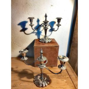 Pair Of English Candelabra 3 Arms, Aerial Movement, Snuffers, Silver Metal, Art Nouveau