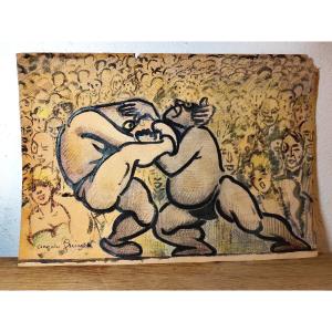 Funny Drawings, Mixed Techniques, Double Sided, Sumo Or Judo, Angelo Griscelli Circa 1920