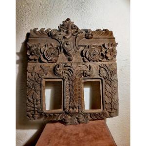 Great Prisoner Folk Art, Double Carved Wood Frame, Flower Basin Decor, Early 20thc